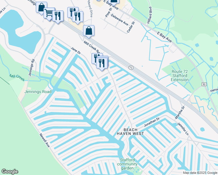 map of restaurants, bars, coffee shops, grocery stores, and more near 16 Florence Lane in Stafford Township