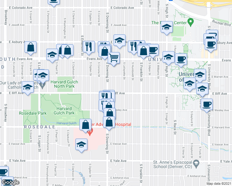 map of restaurants, bars, coffee shops, grocery stores, and more near E Iliff Ave & S Marion St in Denver