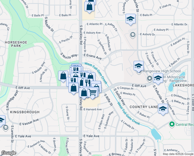 map of restaurants, bars, coffee shops, grocery stores, and more near 2275 South Pitkin Way in Aurora