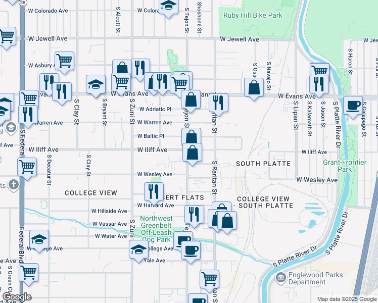 map of restaurants, bars, coffee shops, grocery stores, and more near 1989 West Iliff Avenue in Englewood