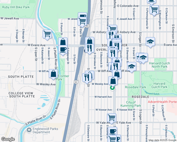 map of restaurants, bars, coffee shops, grocery stores, and more near 2293 South Delaware Street in Denver