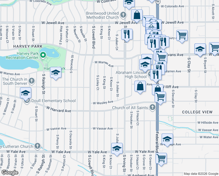 map of restaurants, bars, coffee shops, grocery stores, and more near 2320 South Knox Court in Denver