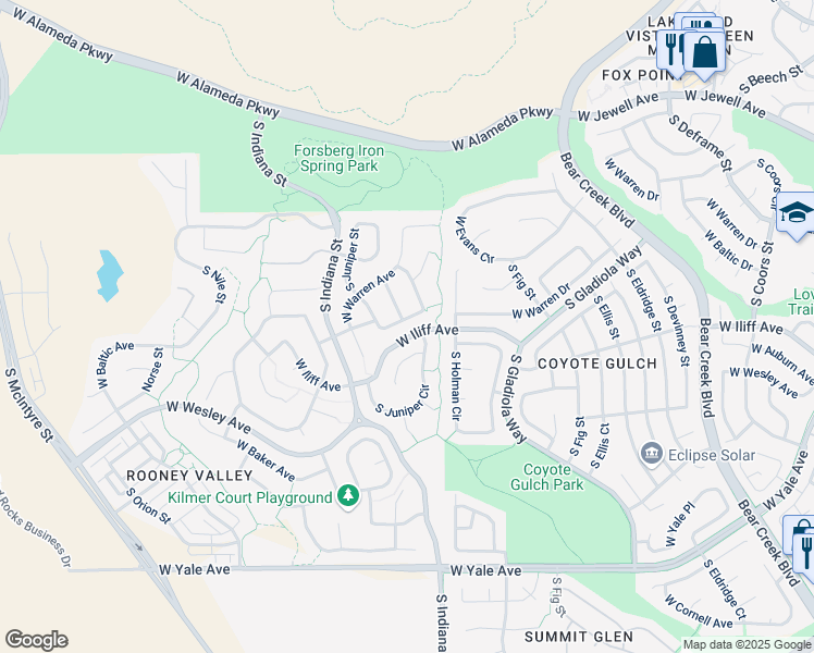 map of restaurants, bars, coffee shops, grocery stores, and more near 14914 West Warren Place in Lakewood