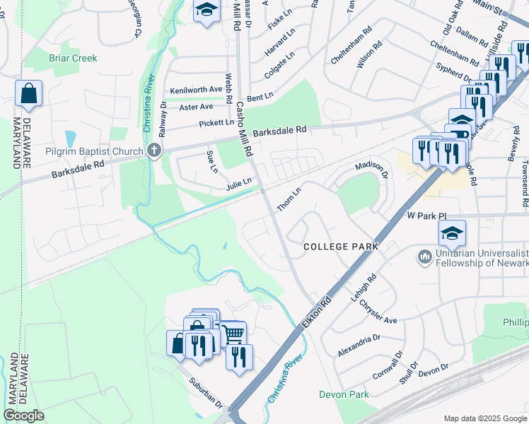 map of restaurants, bars, coffee shops, grocery stores, and more near 12 Munro Road in Newark
