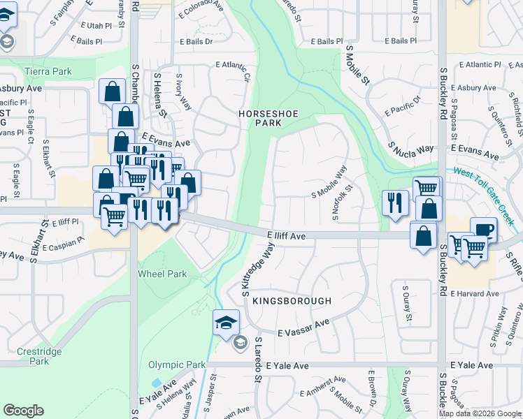 map of restaurants, bars, coffee shops, grocery stores, and more near 15954 East Baltic Place in Aurora