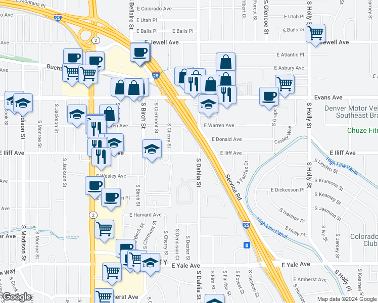 map of restaurants, bars, coffee shops, grocery stores, and more near 4715 East Iliff Avenue in Denver