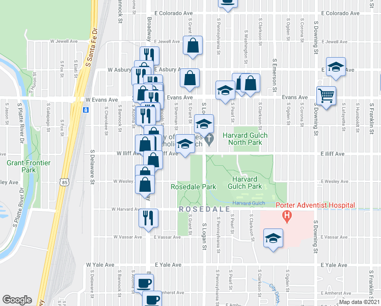 map of restaurants, bars, coffee shops, grocery stores, and more near East Iliff Avenue & South Grant Street in Denver