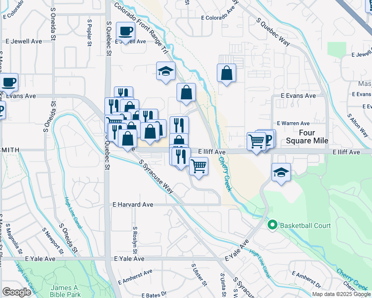 map of restaurants, bars, coffee shops, grocery stores, and more near E Iliff Ave & S Trenton Way in Denver