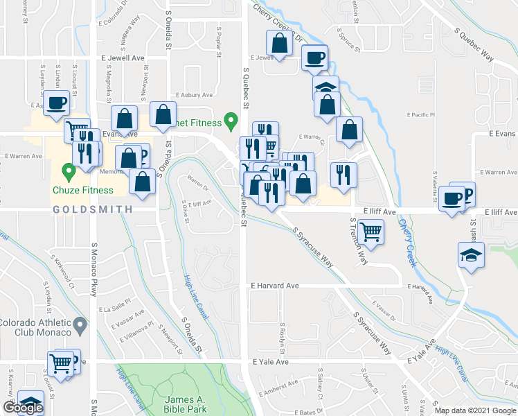 map of restaurants, bars, coffee shops, grocery stores, and more near 2280 South Quebec Street in Denver