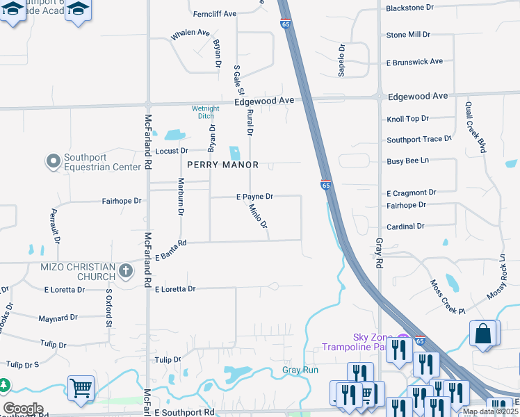 map of restaurants, bars, coffee shops, grocery stores, and more near 6303 Minlo Drive in Indianapolis