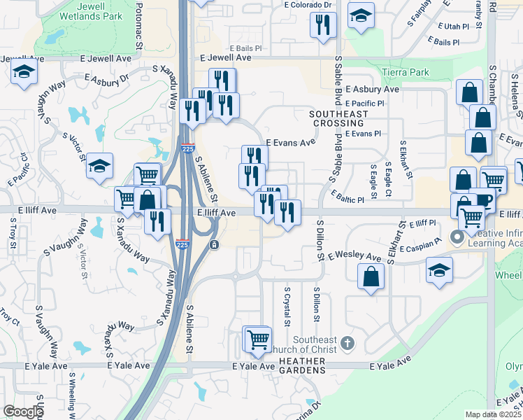 map of restaurants, bars, coffee shops, grocery stores, and more near E Iliff Ave & S Blackhawk St in Aurora
