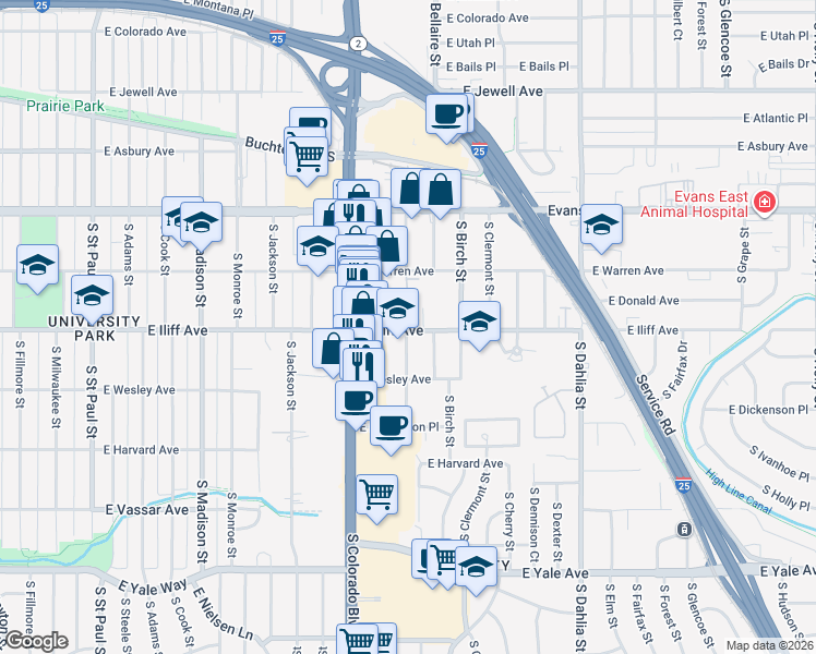 map of restaurants, bars, coffee shops, grocery stores, and more near 4205 East Iliff Avenue in Denver
