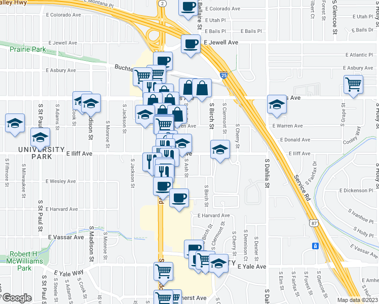 map of restaurants, bars, coffee shops, grocery stores, and more near 4205 East Iliff Avenue in Denver