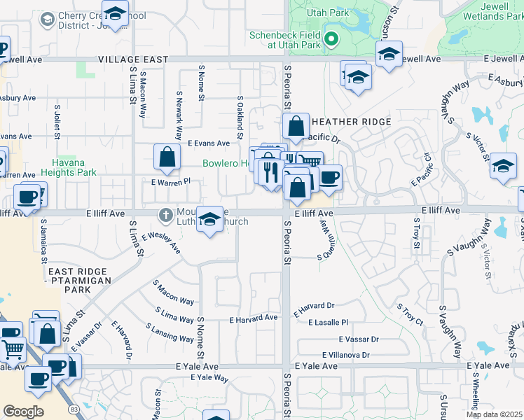map of restaurants, bars, coffee shops, grocery stores, and more near 12001 East Iliff Avenue in Aurora