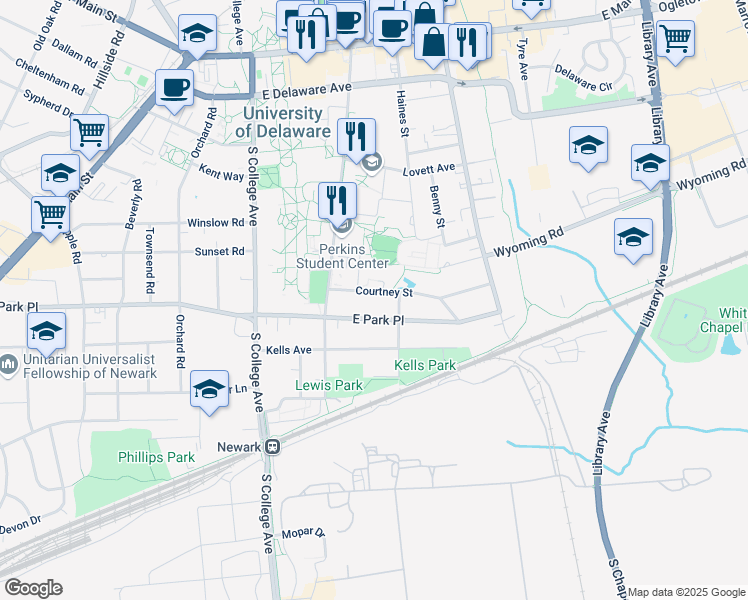 map of restaurants, bars, coffee shops, grocery stores, and more near 141 Courtney Street in Newark