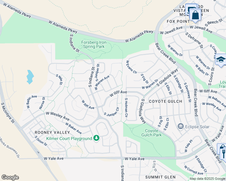 map of restaurants, bars, coffee shops, grocery stores, and more near 14914 West Warren Place in Lakewood