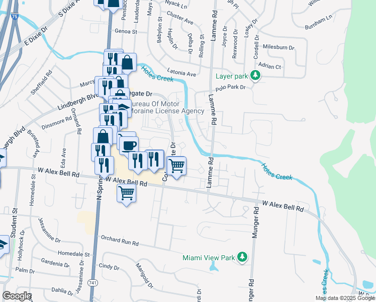map of restaurants, bars, coffee shops, grocery stores, and more near 5285 Cobblegate Drive in Moraine