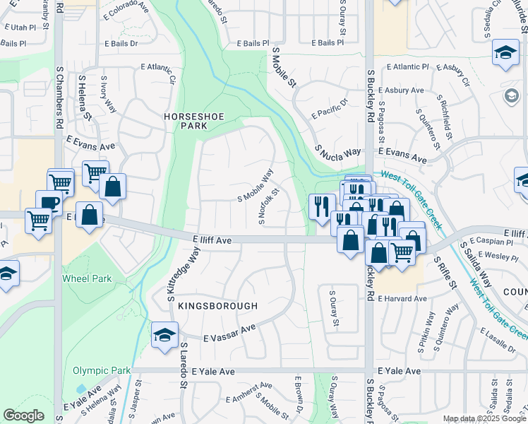 map of restaurants, bars, coffee shops, grocery stores, and more near 2266 South Norfolk Street in Aurora