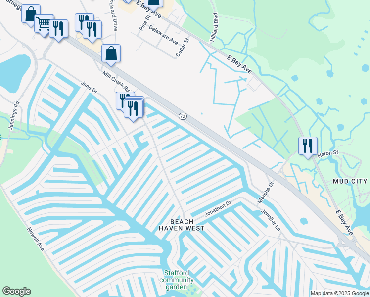 map of restaurants, bars, coffee shops, grocery stores, and more near 43 Ruth Ann Drive in Stafford Township