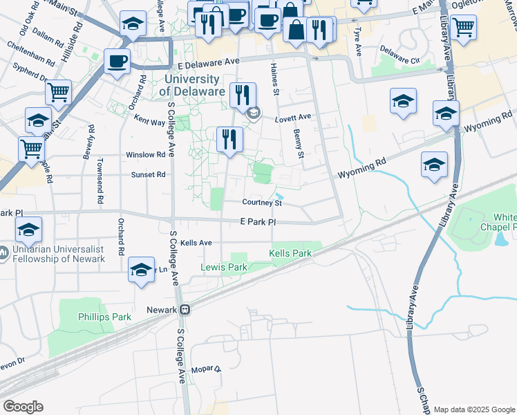map of restaurants, bars, coffee shops, grocery stores, and more near 141 Courtney Street in Newark