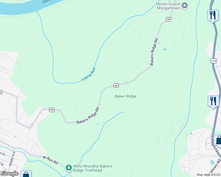 map of restaurants, bars, coffee shops, grocery stores, and more near 725 Bakers Ridge Road in Morgantown