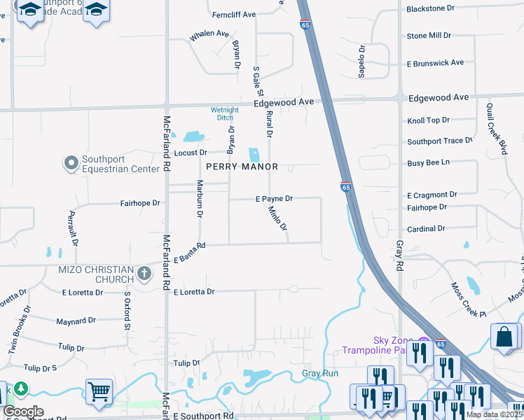 map of restaurants, bars, coffee shops, grocery stores, and more near 6303 Minlo Drive in Indianapolis