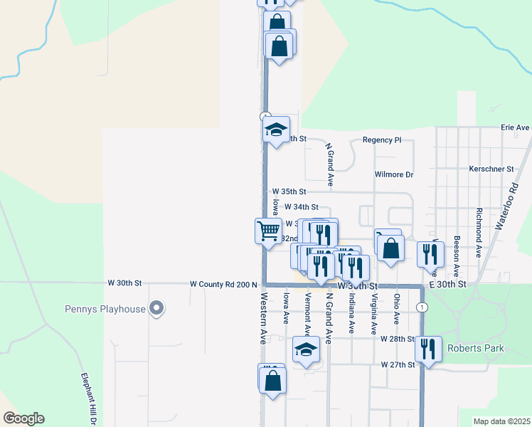 map of restaurants, bars, coffee shops, grocery stores, and more near 3362 Western Avenue in Connersville