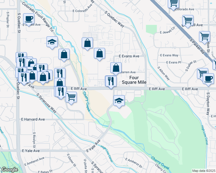 map of restaurants, bars, coffee shops, grocery stores, and more near 8401 East Iliff Avenue in Denver