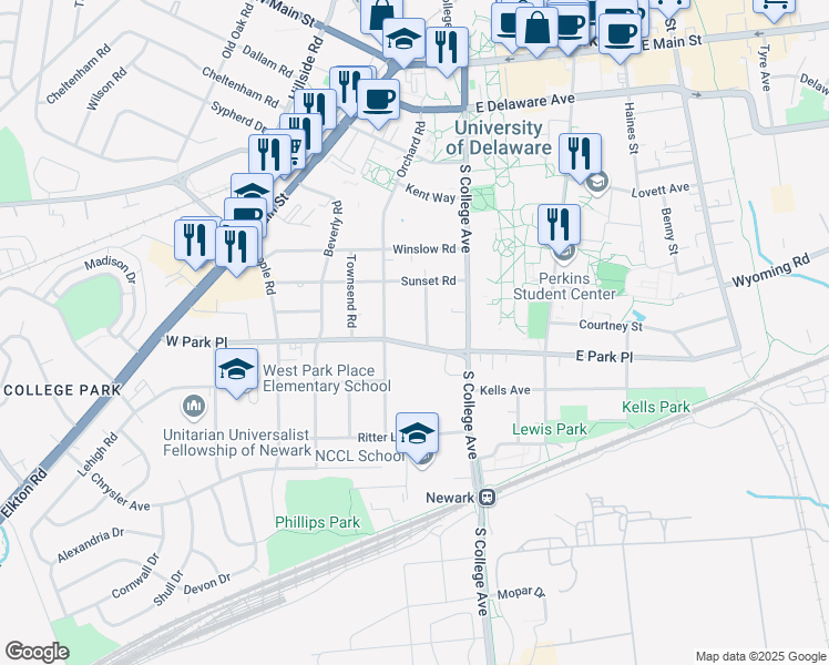 map of restaurants, bars, coffee shops, grocery stores, and more near 48 West Park Place in Newark