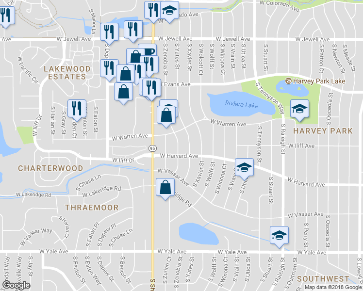 map of restaurants, bars, coffee shops, grocery stores, and more near 2386 South Zenobia Street in Denver