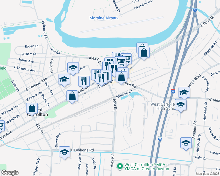 map of restaurants, bars, coffee shops, grocery stores, and more near 1 Alex Circle in West Carrollton