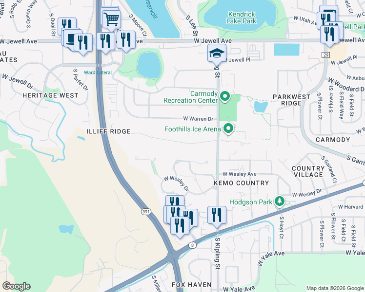 map of restaurants, bars, coffee shops, grocery stores, and more near 10250 West Iliff Avenue in Lakewood