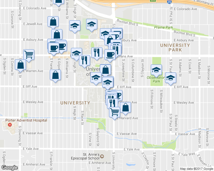 map of restaurants, bars, coffee shops, grocery stores, and more near 2223 East Iliff Avenue in Denver
