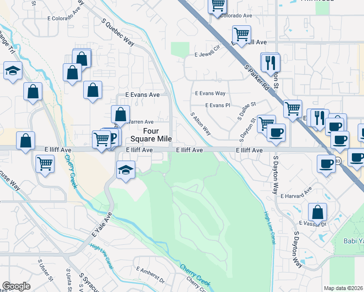 map of restaurants, bars, coffee shops, grocery stores, and more near 2205 South Yosemite Circle in Denver