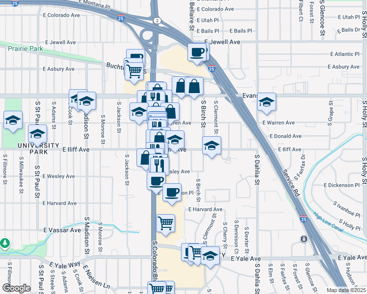 map of restaurants, bars, coffee shops, grocery stores, and more near 4205 East Iliff Avenue in Denver