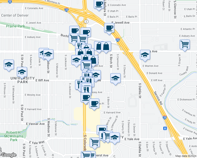 map of restaurants, bars, coffee shops, grocery stores, and more near 4205 East Iliff Avenue in Denver