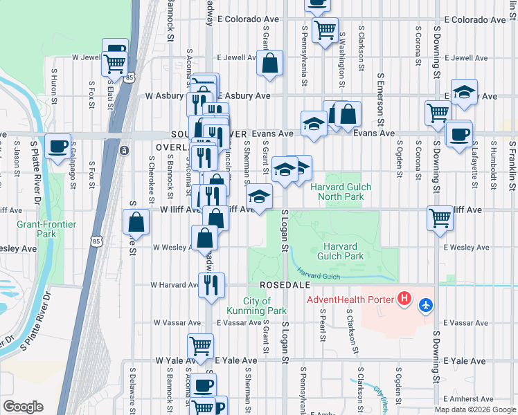map of restaurants, bars, coffee shops, grocery stores, and more near 225 East Iliff Avenue in Denver