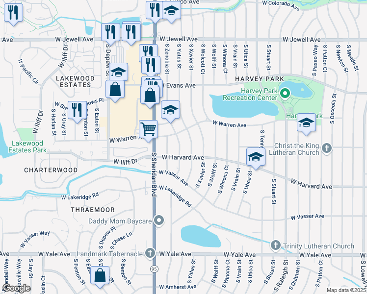 map of restaurants, bars, coffee shops, grocery stores, and more near 2386 South Zenobia Street in Denver