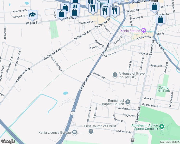 map of restaurants, bars, coffee shops, grocery stores, and more near 858 Cincinnati Avenue in Xenia