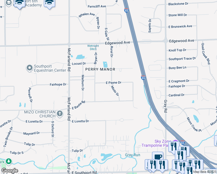 map of restaurants, bars, coffee shops, grocery stores, and more near 6303 Minlo Drive in Indianapolis