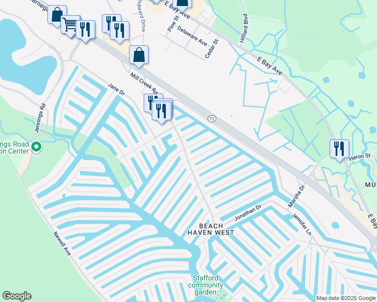 map of restaurants, bars, coffee shops, grocery stores, and more near 3 Dorothy Drive in Stafford Township