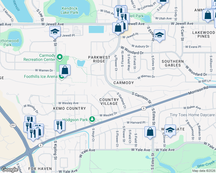 map of restaurants, bars, coffee shops, grocery stores, and more near 9249 West Baltic Drive in Lakewood