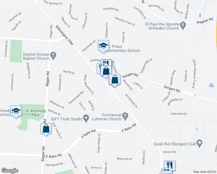map of restaurants, bars, coffee shops, grocery stores, and more near 4719 Wilmington Pike in Dayton