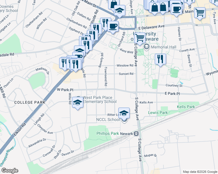 map of restaurants, bars, coffee shops, grocery stores, and more near 88 West Park Place in Newark