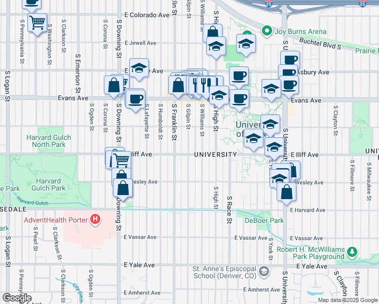 map of restaurants, bars, coffee shops, grocery stores, and more near 2290 South Gilpin Street in Denver