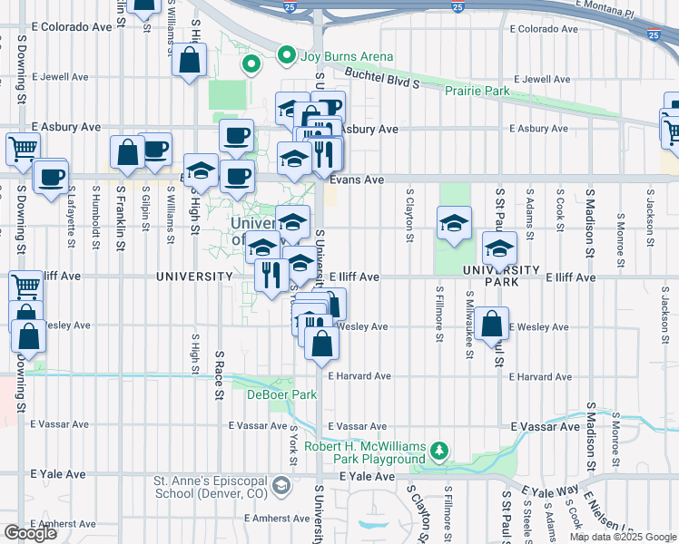 map of restaurants, bars, coffee shops, grocery stores, and more near 2367 East Iliff Avenue in Denver