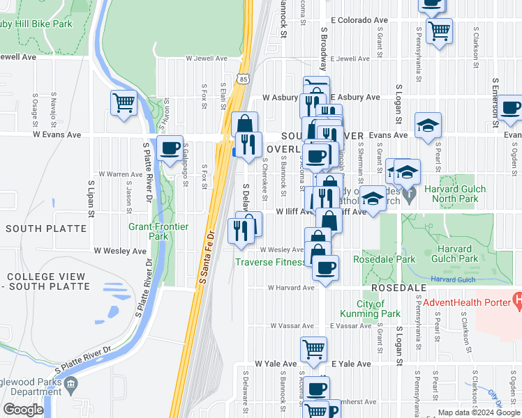 map of restaurants, bars, coffee shops, grocery stores, and more near 2293 South Cherokee Street in Denver