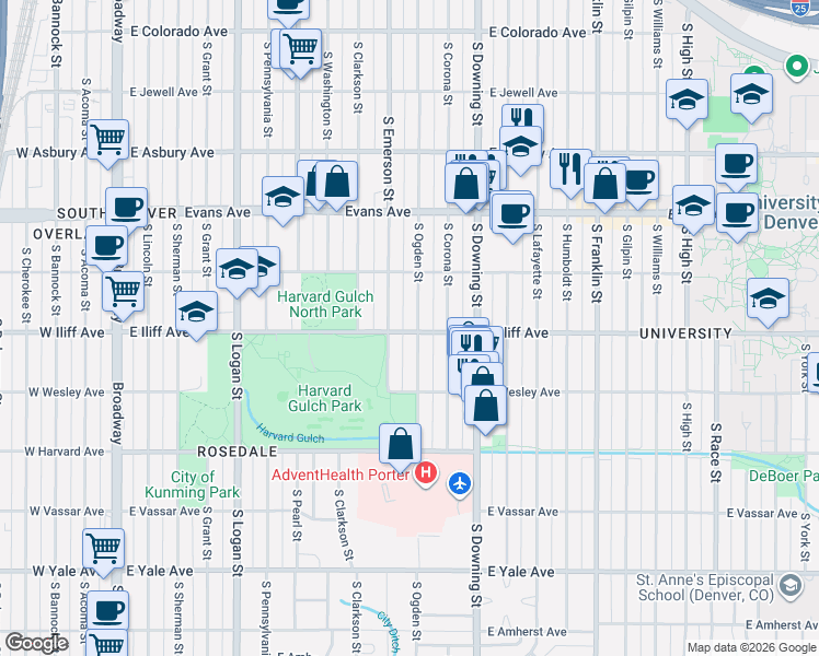 map of restaurants, bars, coffee shops, grocery stores, and more near 2295 South Ogden Street in Denver