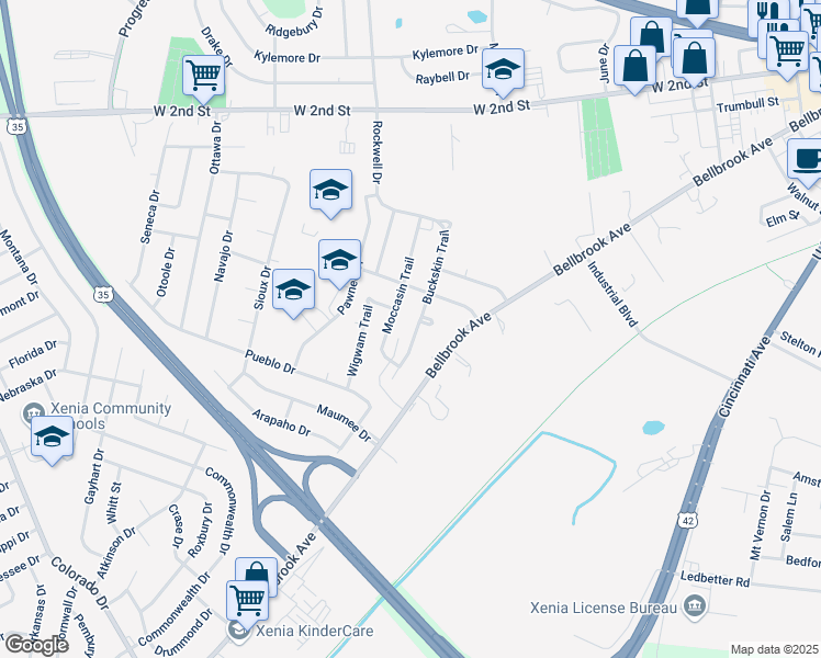 map of restaurants, bars, coffee shops, grocery stores, and more near 1006 Buckskin Trail in Xenia