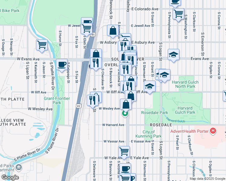 map of restaurants, bars, coffee shops, grocery stores, and more near 2290 South Bannock Street in Denver